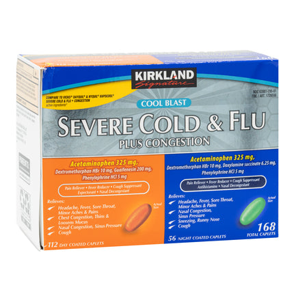 Kirkland Signature Severe Cold & Flu Multi-Symptom Caplets Cool Blast , 112 Day Caplets, 56 Night Caplets, 168 Caplets in total