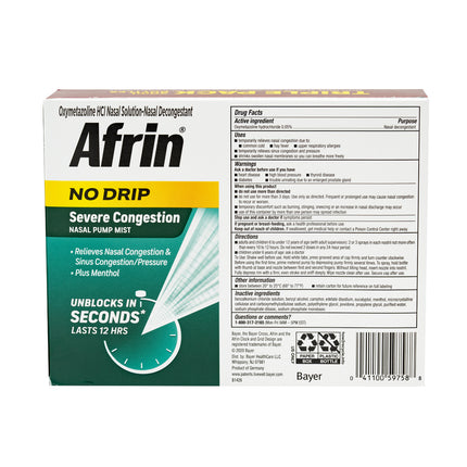 Afrin No Drip Severe Congestion 12 Hour Nasal Pump Mist, 20 ml, Pack of 3, Total 60 ml