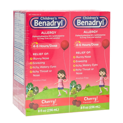 Children's Benadryl Allergy Liquid Diphenhydramine HCl,  Pack of 2 Total 16 fl oz