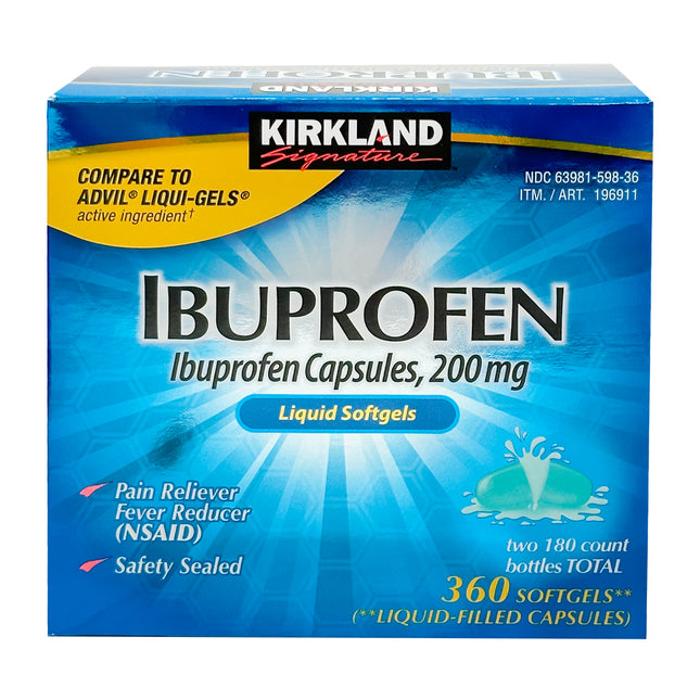 Kirkland Signature Ibuprofen Liquid Softgels, 200mg, 180 counts each (Pack of 2)
