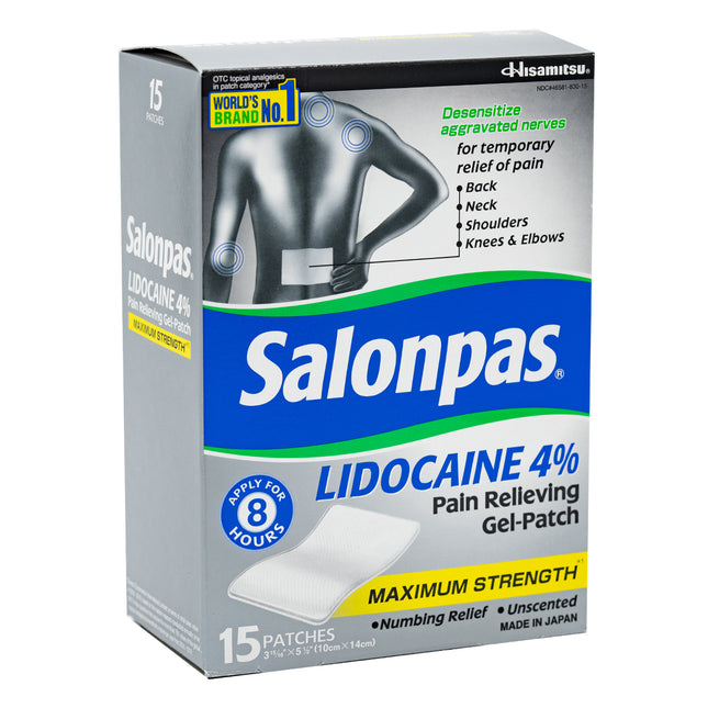 Salonpas LIDOCAINE 4% Pain Relieving Gel-Patch, 15 Patches