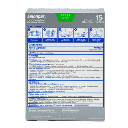 Salonpas LIDOCAINE 4% Pain Relieving Gel-Patch, 15 Patches