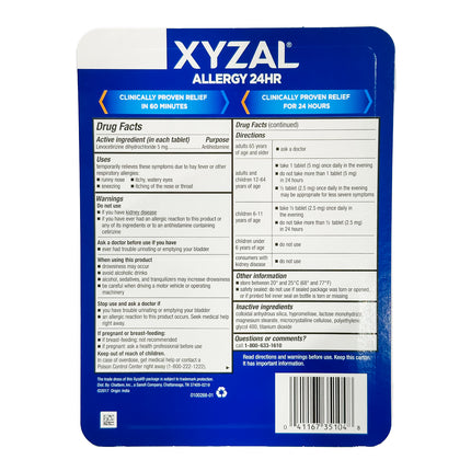 Xyzal Allergy 24 Hour Antihistamine 5 mg., 55 tablets each (pack of 2)