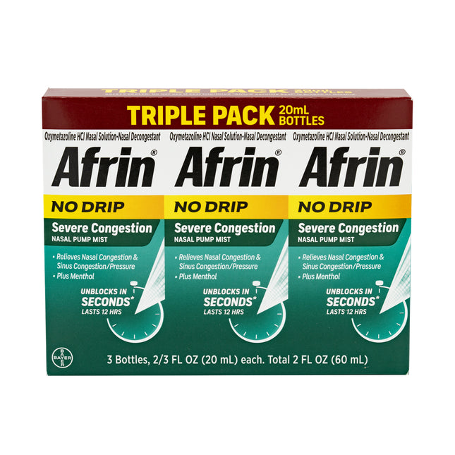 Afrin No Drip Severe Congestion 12 Hour Nasal Pump Mist, 20 ml, Pack of 3, Total 60 ml